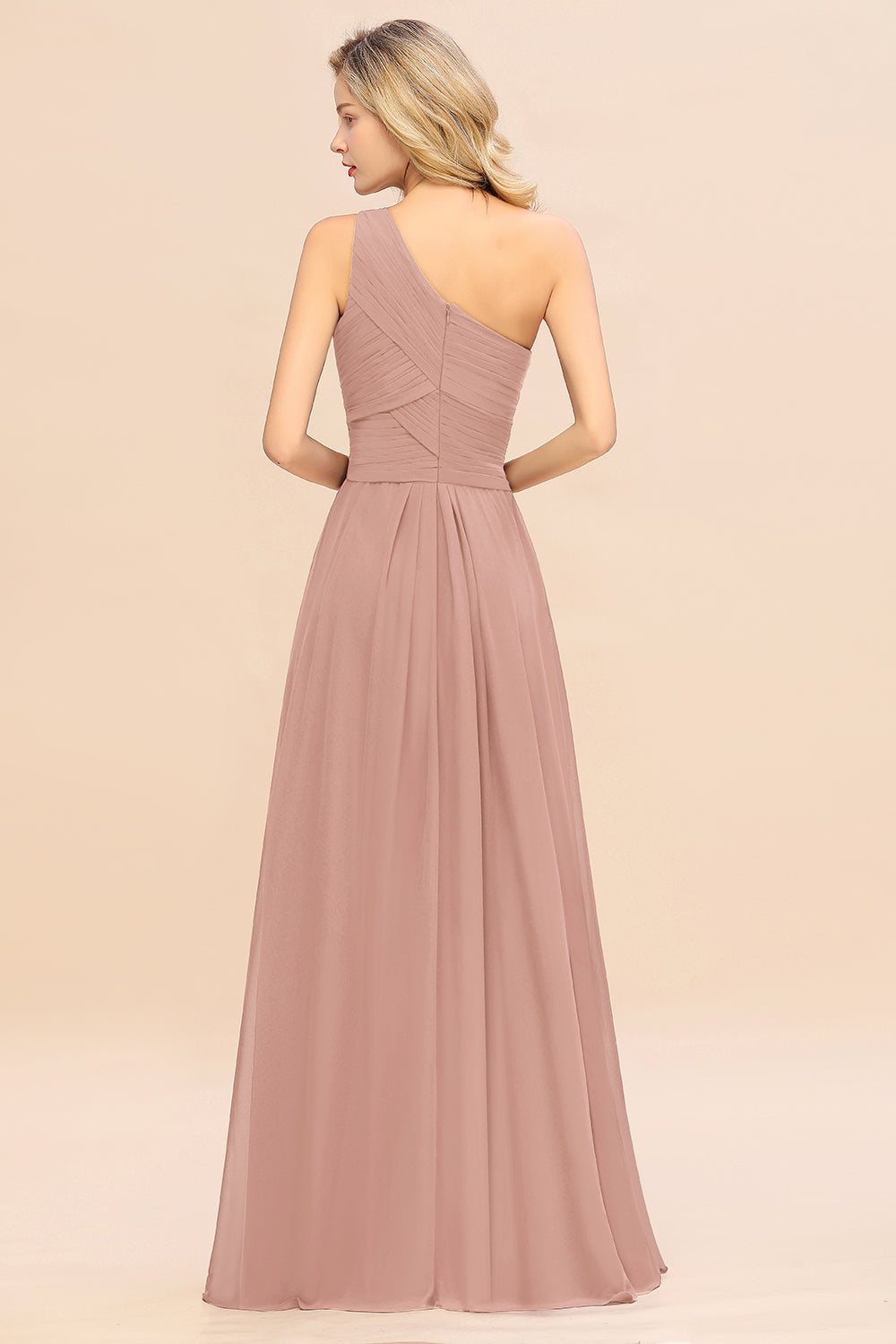 Elegant Dusty Rose A-line Chiffon Ruffles One Shoulder Long Bridesmaid Dress