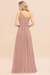 Elegant Dusty Rose A-line Chiffon Ruffles One Shoulder Long Bridesmaid Dress