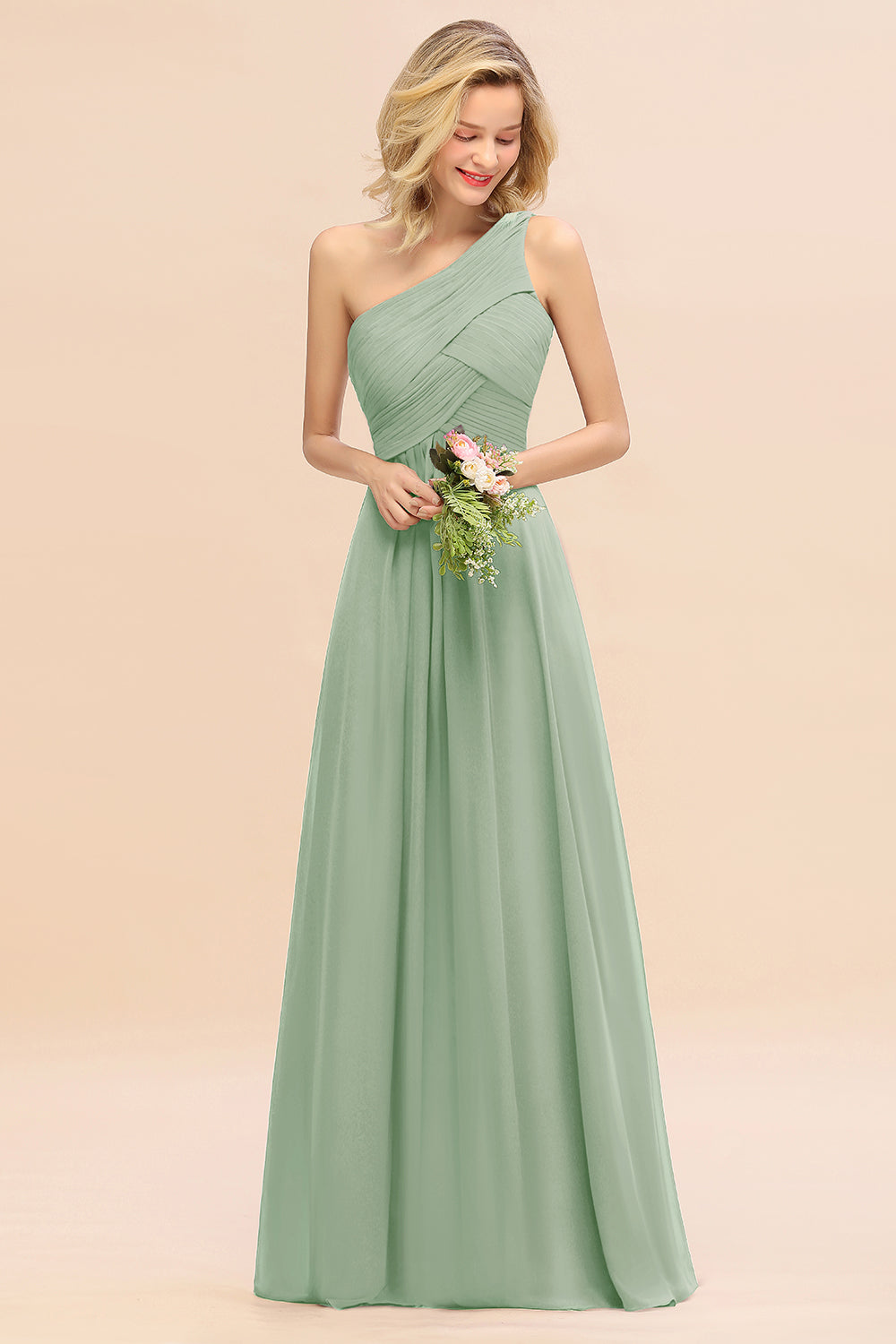 Elegant Dusty Sage A-line Chiffon Ruffles One Shoulder Long Bridesmaid Dress
