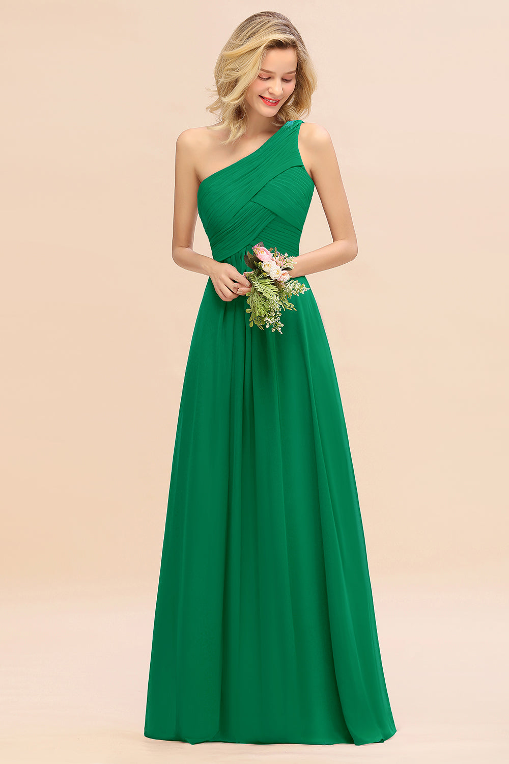 Elegant Emerald A-line Chiffon Ruffles One Shoulder Long Bridesmaid Dress