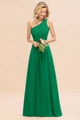 Elegant Emerald A-line Chiffon Ruffles One Shoulder Long Bridesmaid Dress