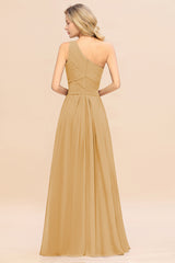 Elegant Gold A-line Chiffon Ruffles One Shoulder Long Bridesmaid Dress