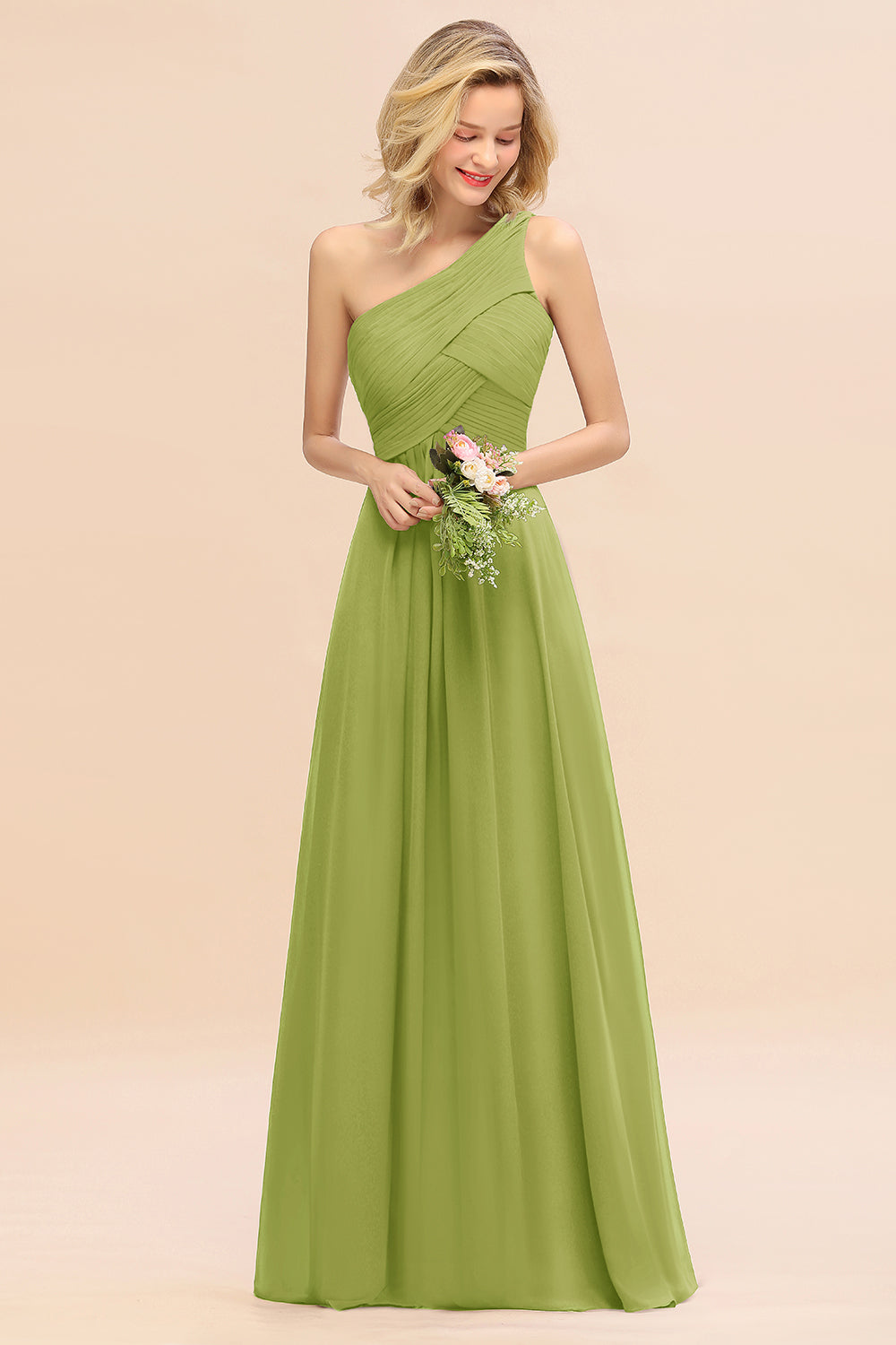 Elegant Green A-line Chiffon Ruffles One Shoulder Long Bridesmaid Dress