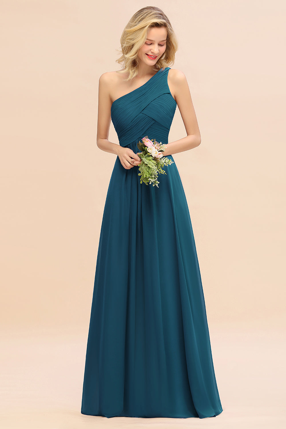 Elegant Ink Blue A-line Chiffon Ruffles One Shoulder Long Bridesmaid Dress