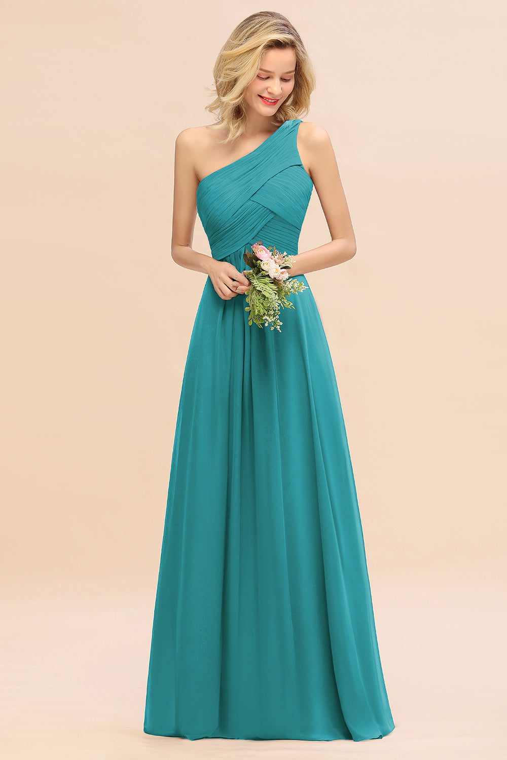 Elegant Jade A-line Chiffon Ruffles One Shoulder Long Bridesmaid Dress