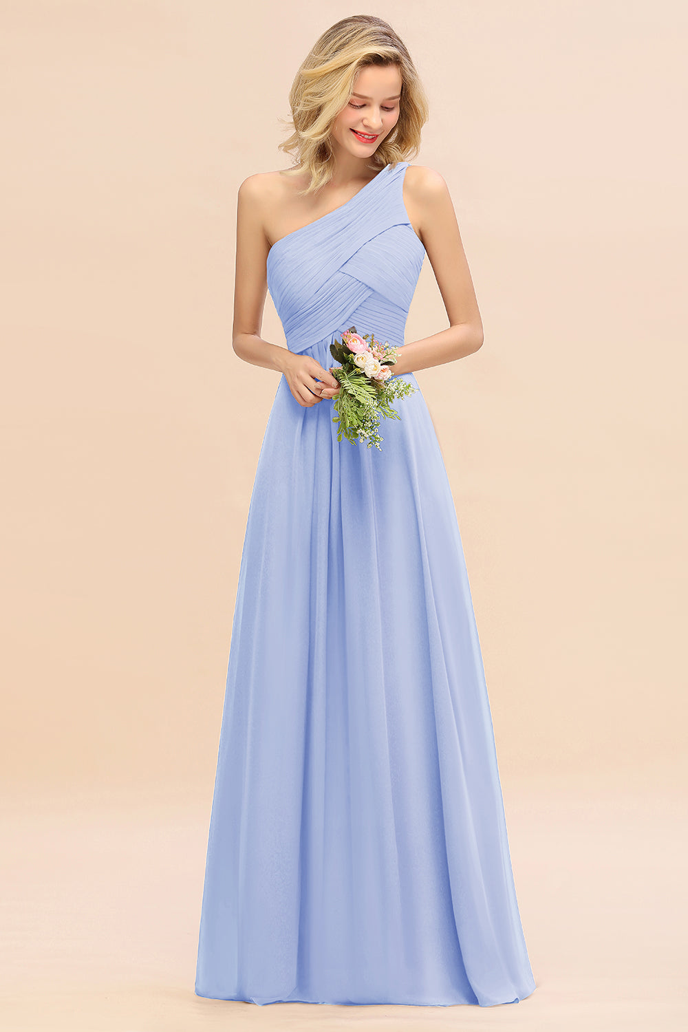 Elegant Lavender A-line Chiffon Ruffles One Shoulder Long Bridesmaid Dress