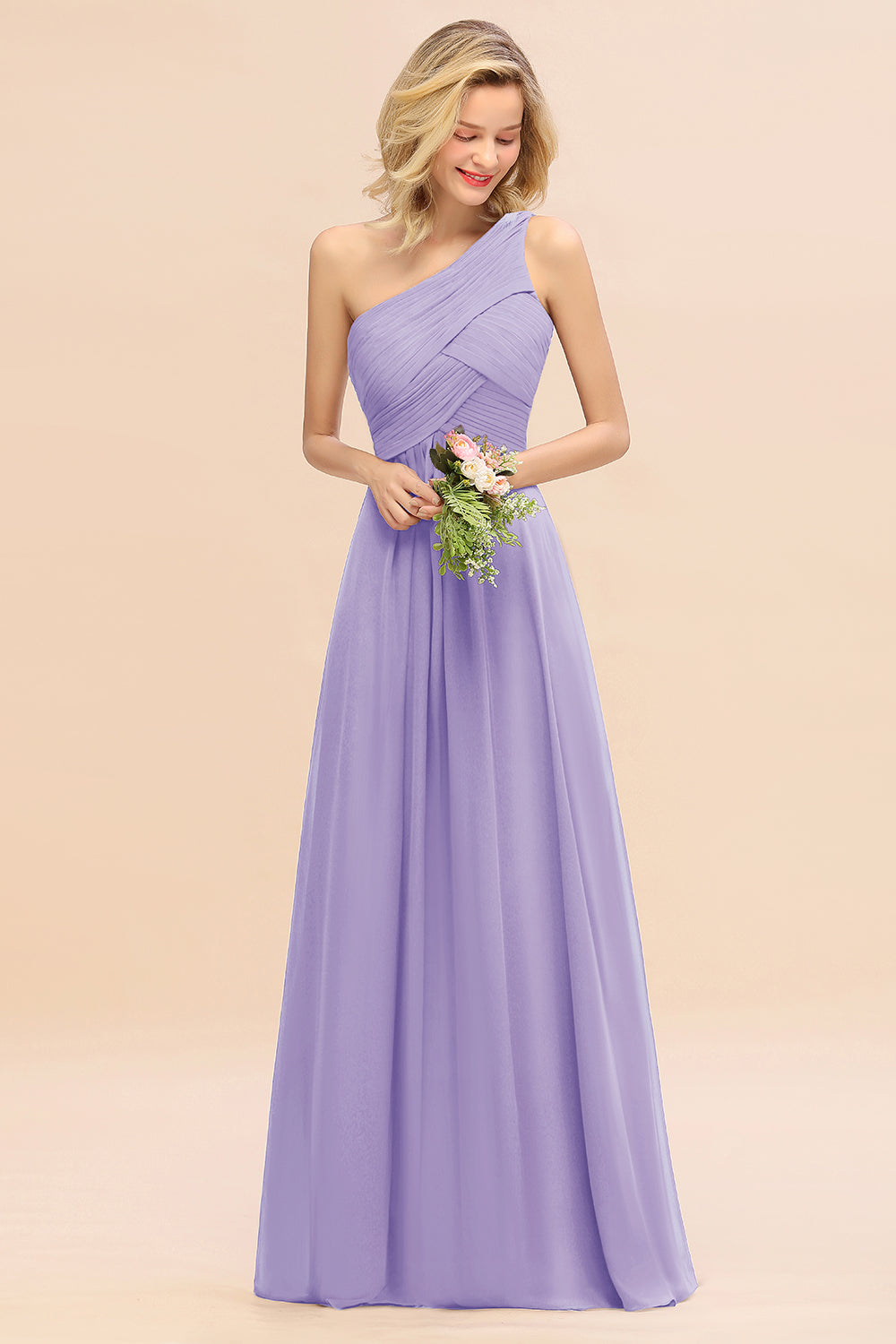 Elegant Lilac A-line Chiffon Ruffles One Shoulder Long Bridesmaid Dress
