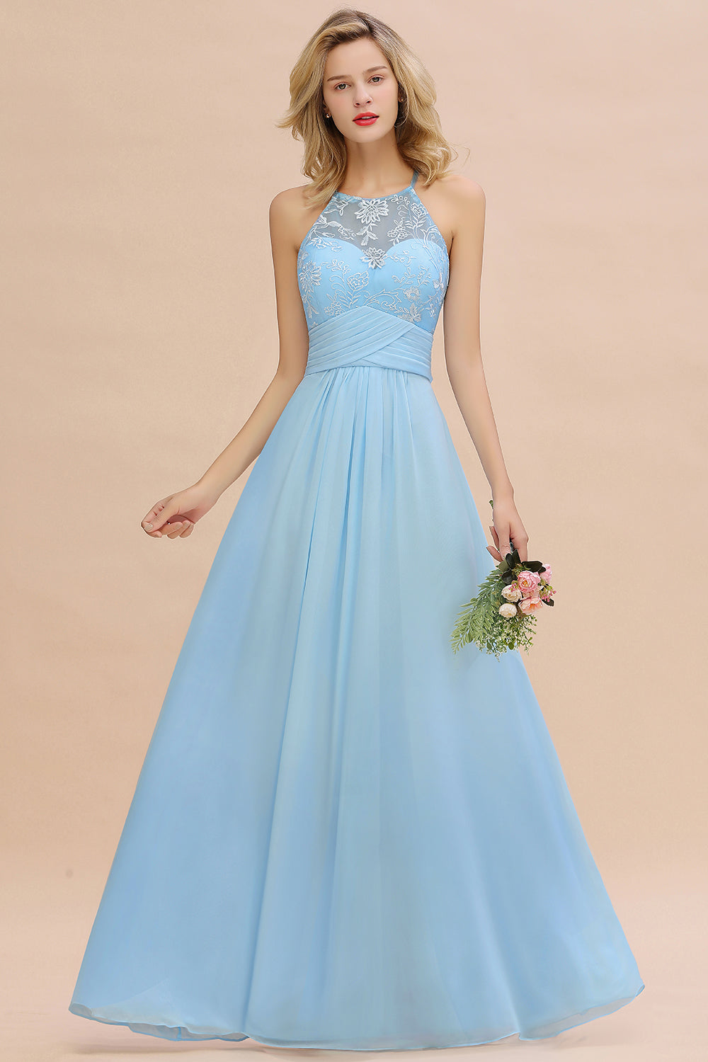 Elegant Long A-line Appliques Jewel Sleeveless Bridesmaid Dress