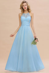 Elegant Long A-line Appliques Jewel Sleeveless Bridesmaid Dress