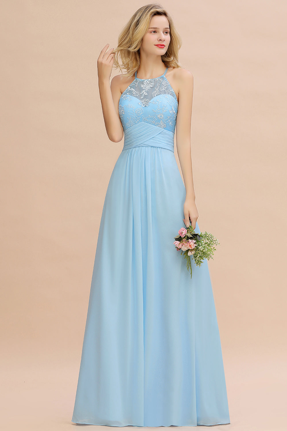 Elegant Long A-line Appliques Jewel Sleeveless Bridesmaid Dress