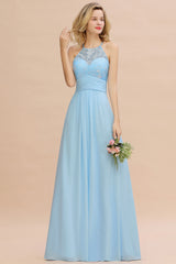 Elegant Long A-line Appliques Jewel Sleeveless Bridesmaid Dress