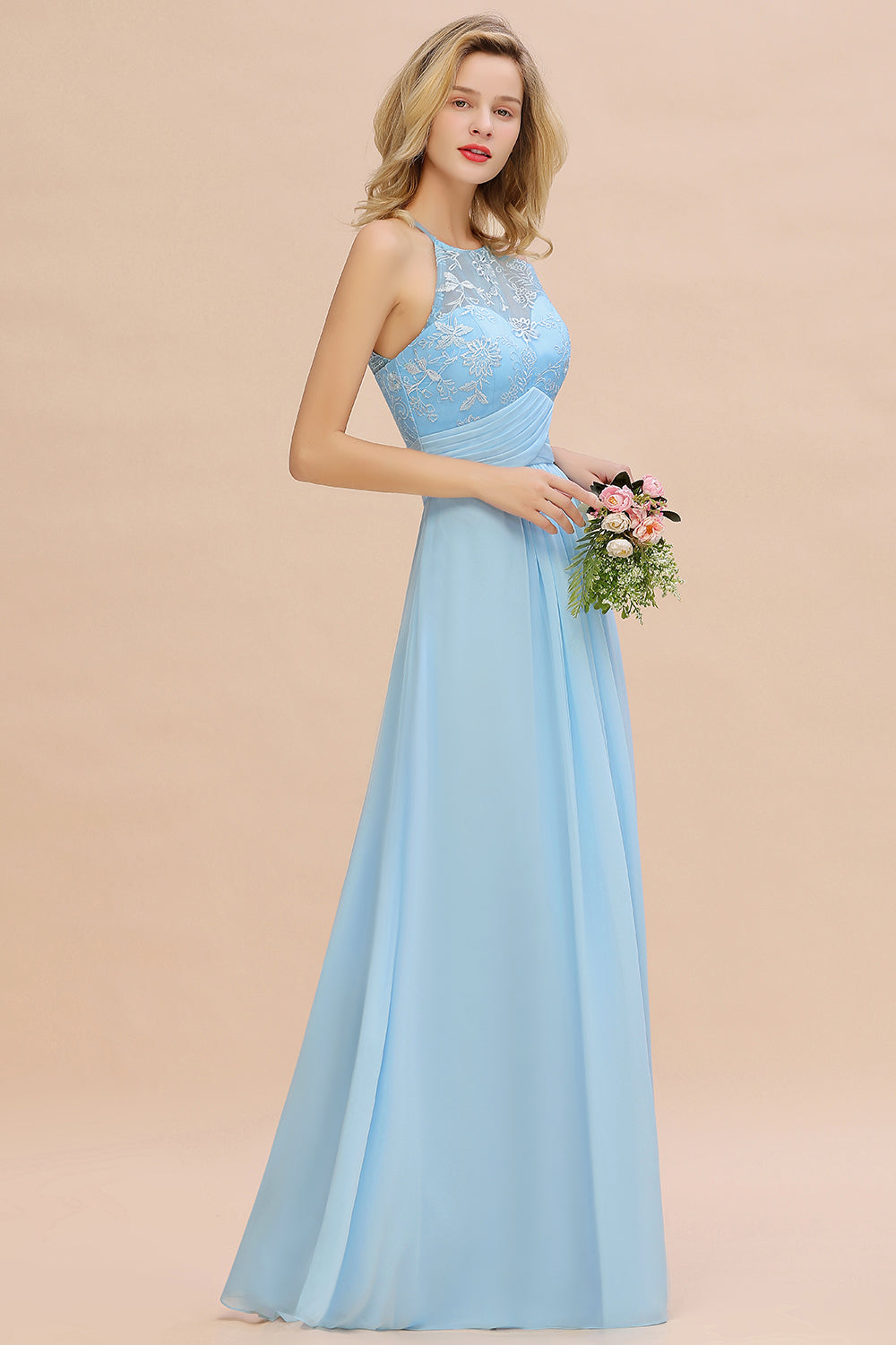 Elegant Long A-line Appliques Jewel Sleeveless Bridesmaid Dress
