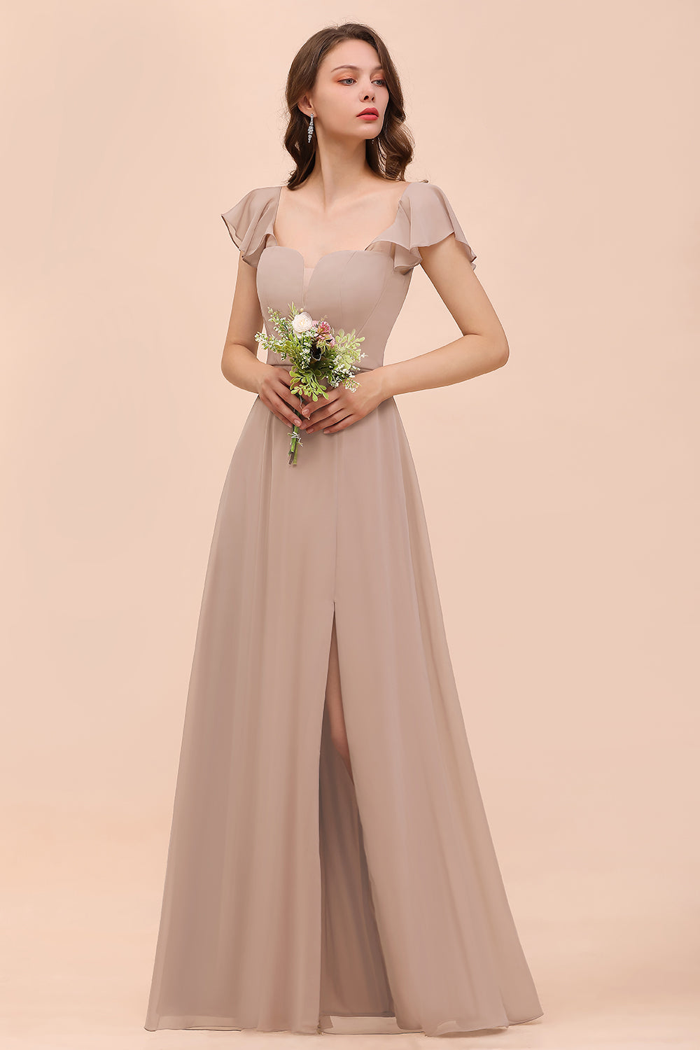 Elegant Long A-line Square Front Slit Chiffon Bridesmaid Dress with Cap Sleeves