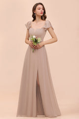 Elegant Long A-line Square Front Slit Chiffon Bridesmaid Dress with Cap Sleeves