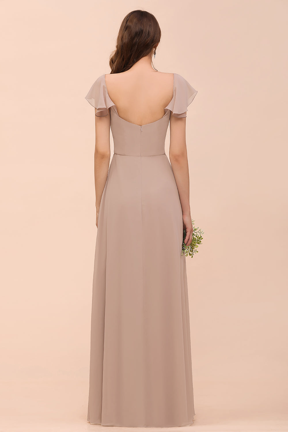 Elegant Long A-line Square Front Slit Chiffon Bridesmaid Dress with Cap Sleeves