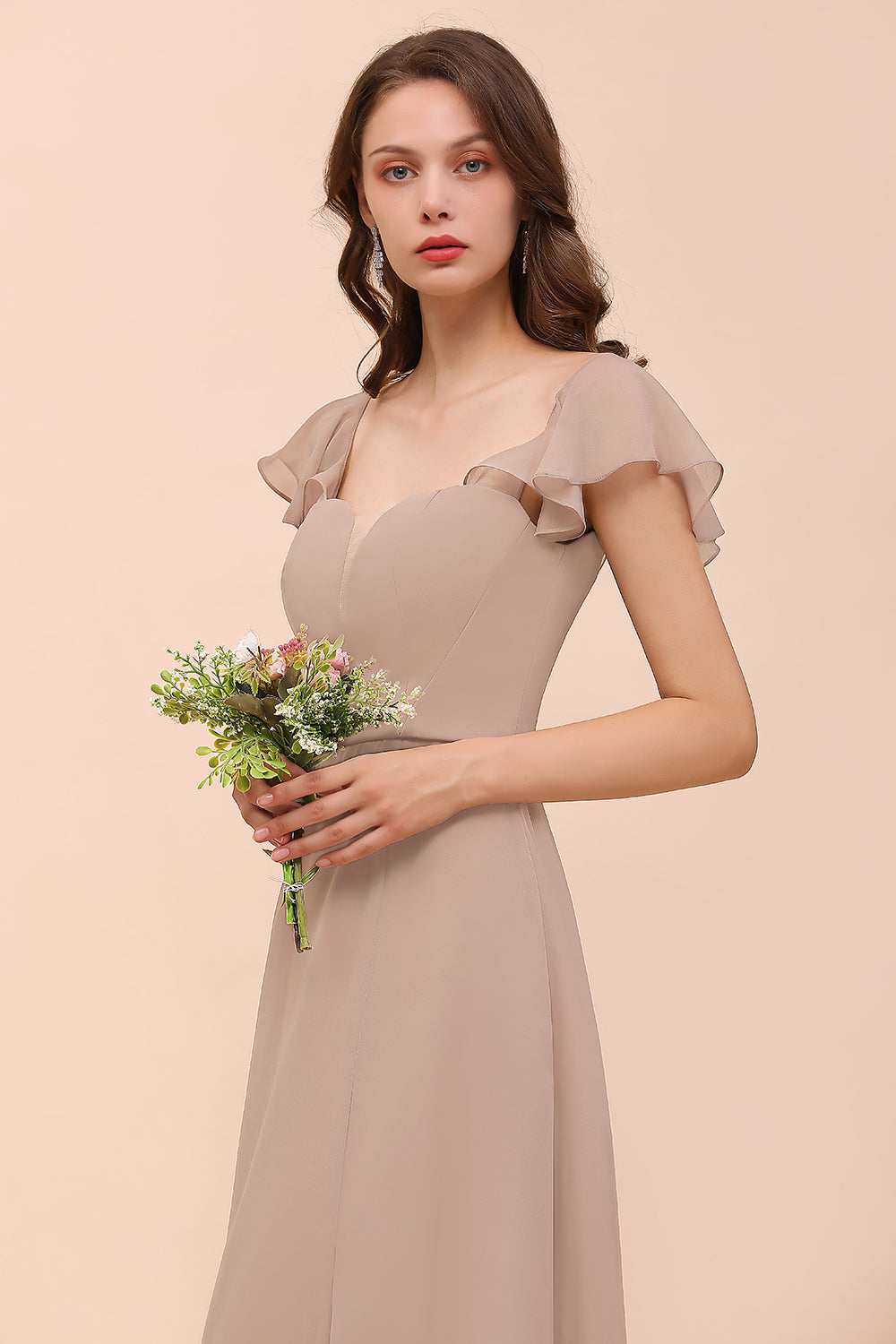 Elegant Long A-line Square Front Slit Chiffon Bridesmaid Dress with Cap Sleeves