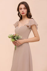 Elegant Long A-line Square Front Slit Chiffon Bridesmaid Dress with Cap Sleeves
