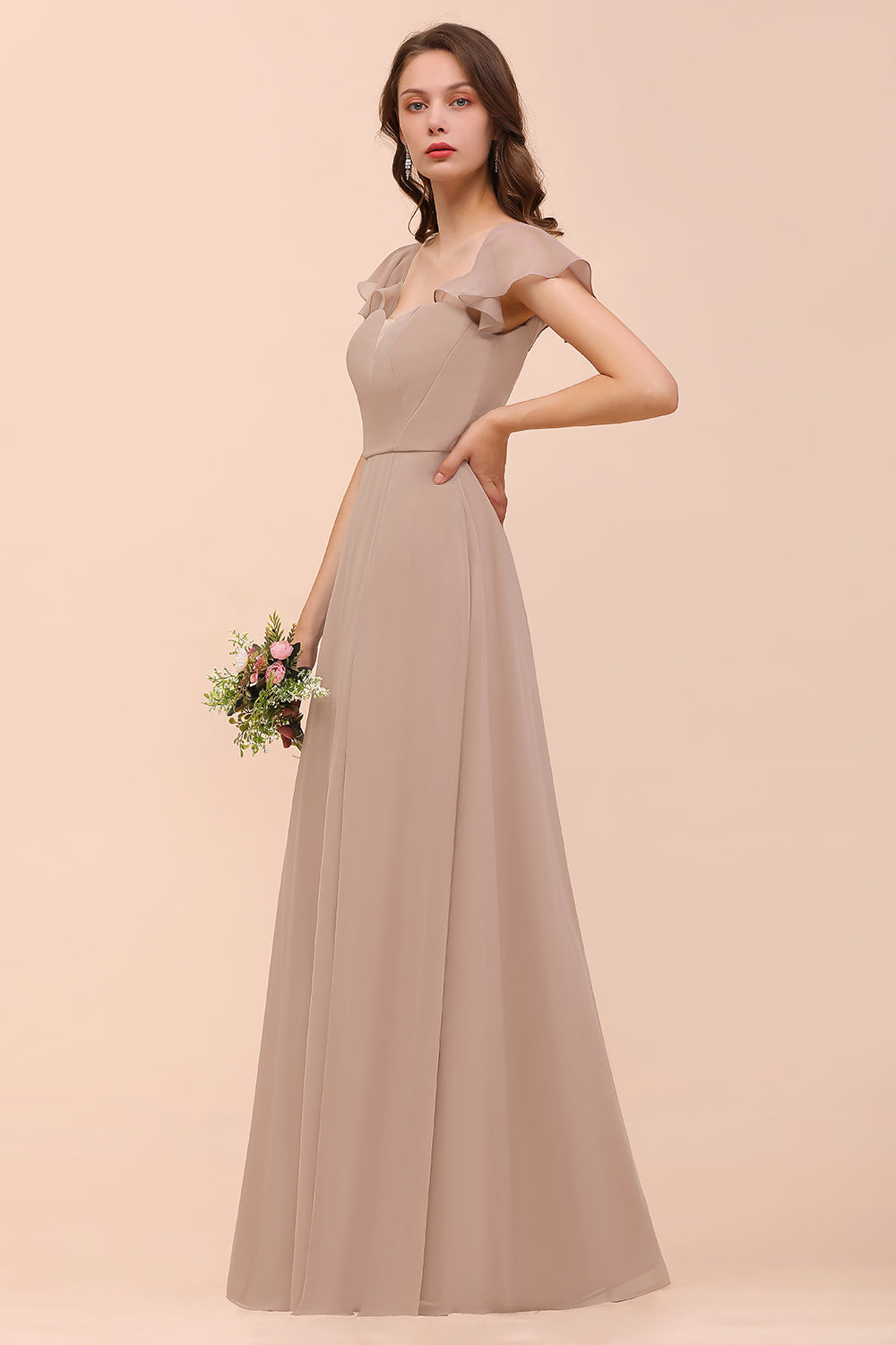 Elegant Long A-line Square Front Slit Chiffon Bridesmaid Dress with Cap Sleeves