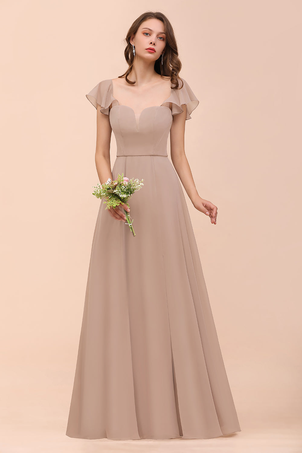 Elegant Long A-line Square Front Slit Chiffon Bridesmaid Dress with Cap Sleeves