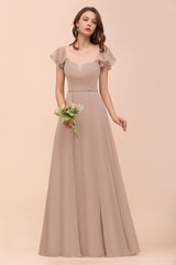 Elegant Long A-line Square Front Slit Chiffon Bridesmaid Dress with Cap Sleeves