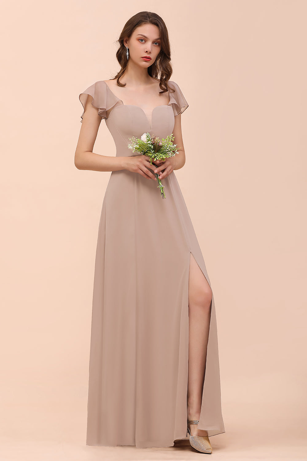 Elegant Long A-line Square Front Slit Chiffon Bridesmaid Dress with Cap Sleeves