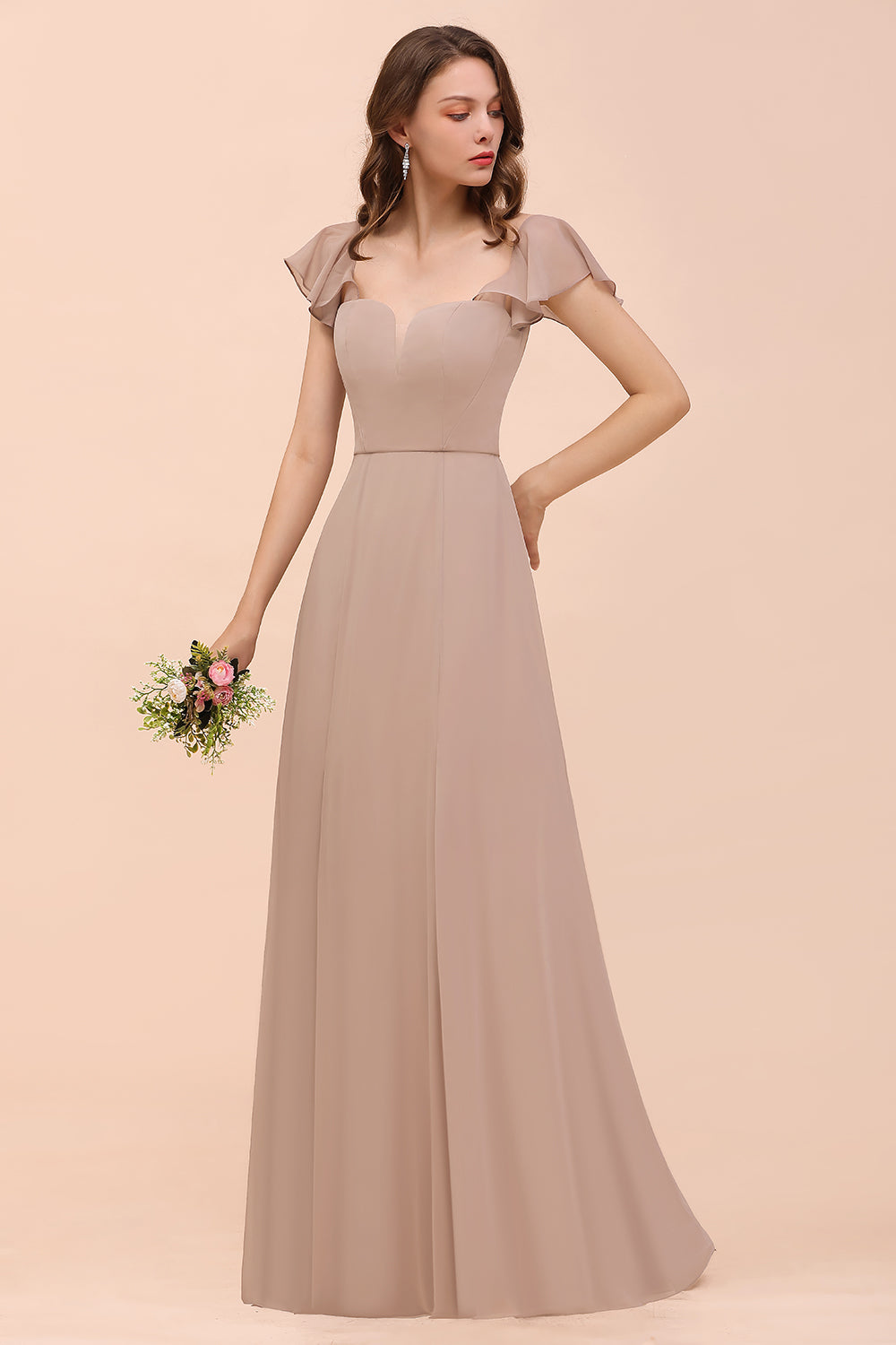Elegant Long A-line Square Front Slit Chiffon Bridesmaid Dress with Cap Sleeves