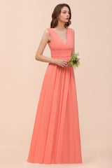 Elegant Long A-line V-Neck Ruffle Coral Chiffon Bridesmaid Dress