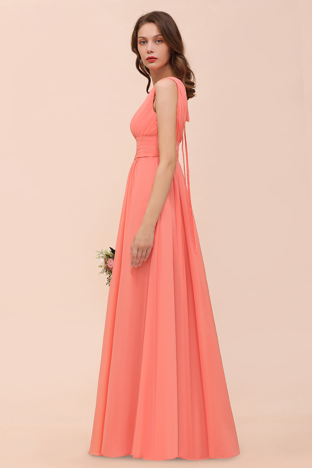 Elegant Long A-line V-Neck Ruffle Coral Chiffon Bridesmaid Dress