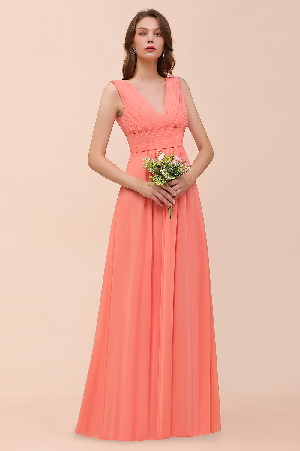 Elegant Long A-line V-Neck Ruffle Coral Chiffon Bridesmaid Dress