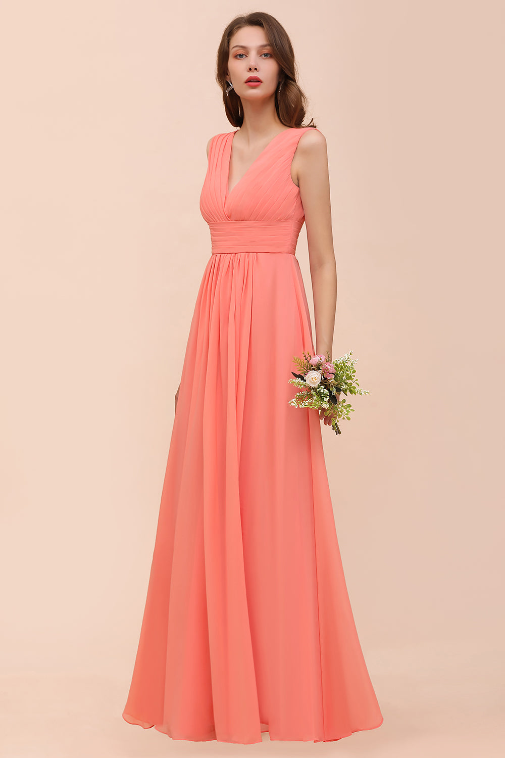 Elegant Long A-line V-Neck Ruffle Coral Chiffon Bridesmaid Dress