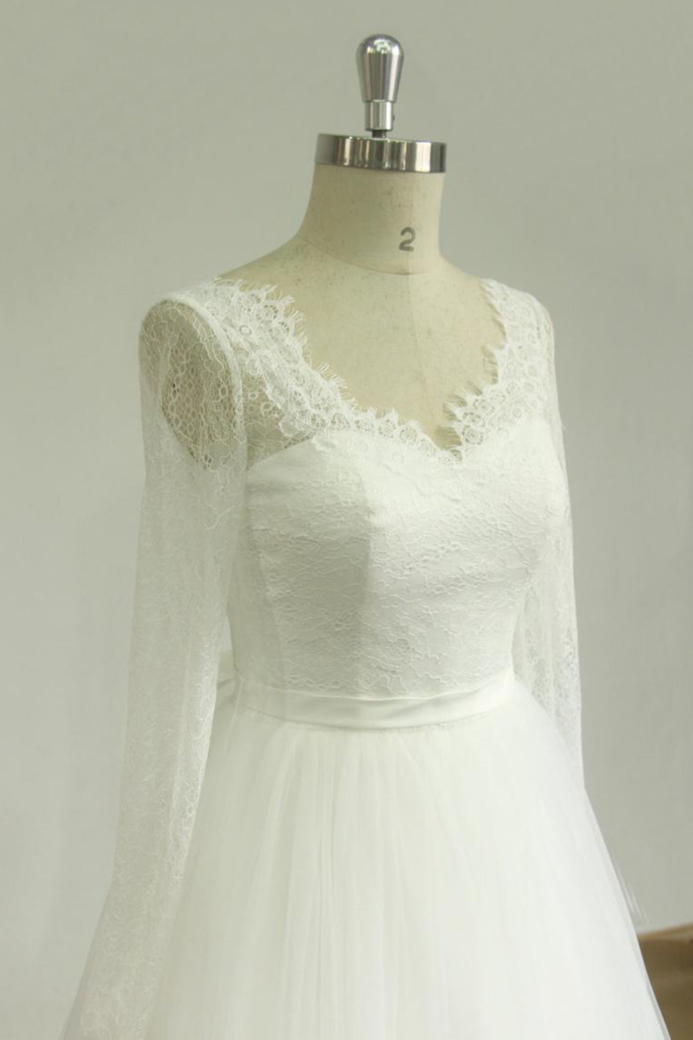 Elegant Long A-line V-neck Lace Tulle Backless Wedding Dress with Sleeves