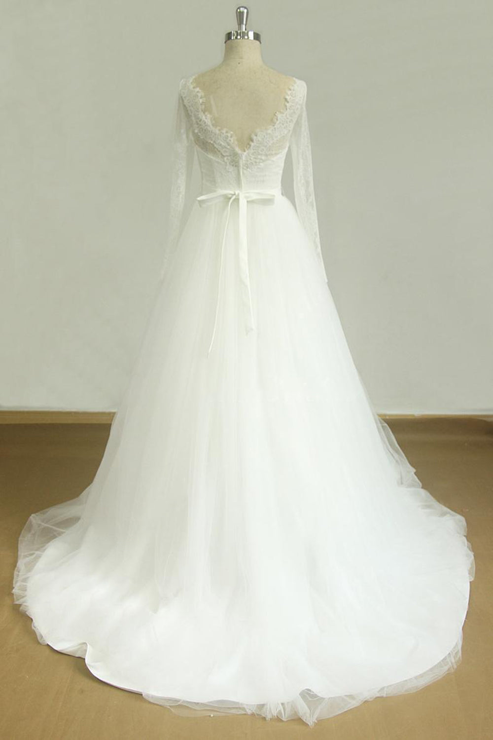 Elegant Long A-line V-neck Lace Tulle Backless Wedding Dress with Sleeves