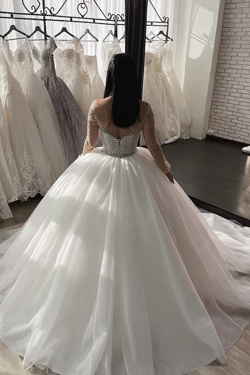 Elegant Long Ball Gown Sweetheart Beaings Tulle Wedding Dresses with Sleeves