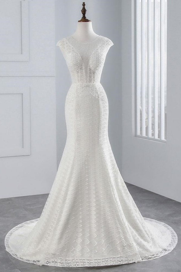 Elegant Long Cap Sleeves Lace-up Mermaid Wedding Dresses