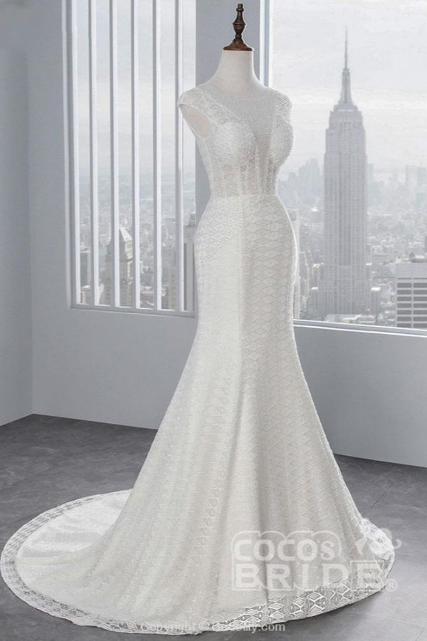 Elegant Long Cap Sleeves Lace-up Mermaid Wedding Dresses