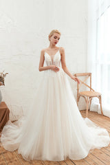 Elegant Long Spaghetti Strap Tulle Open Back A-line Wedding Dress
