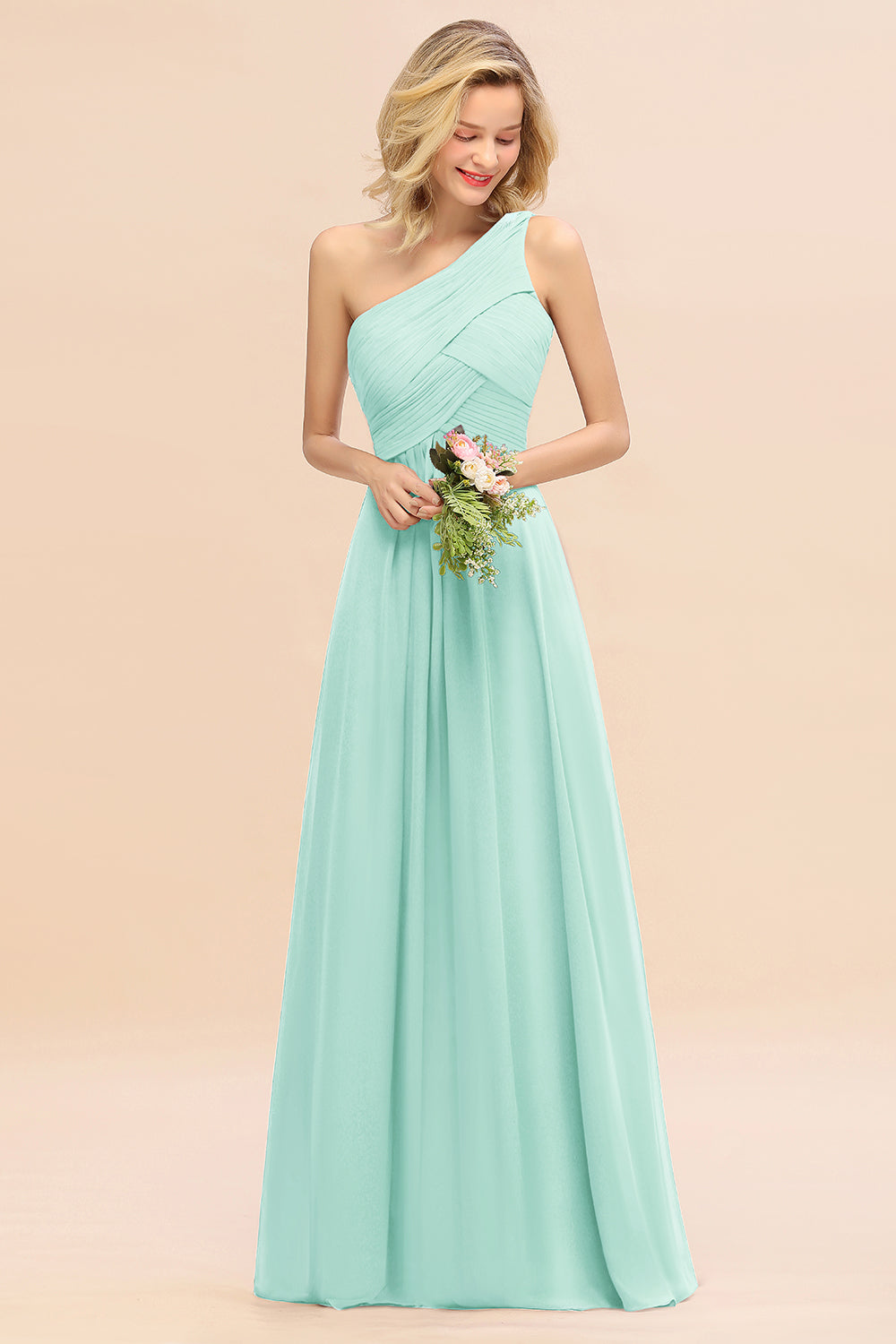 Elegant Mint Green A-line Chiffon Ruffles One Shoulder Long Bridesmaid Dress