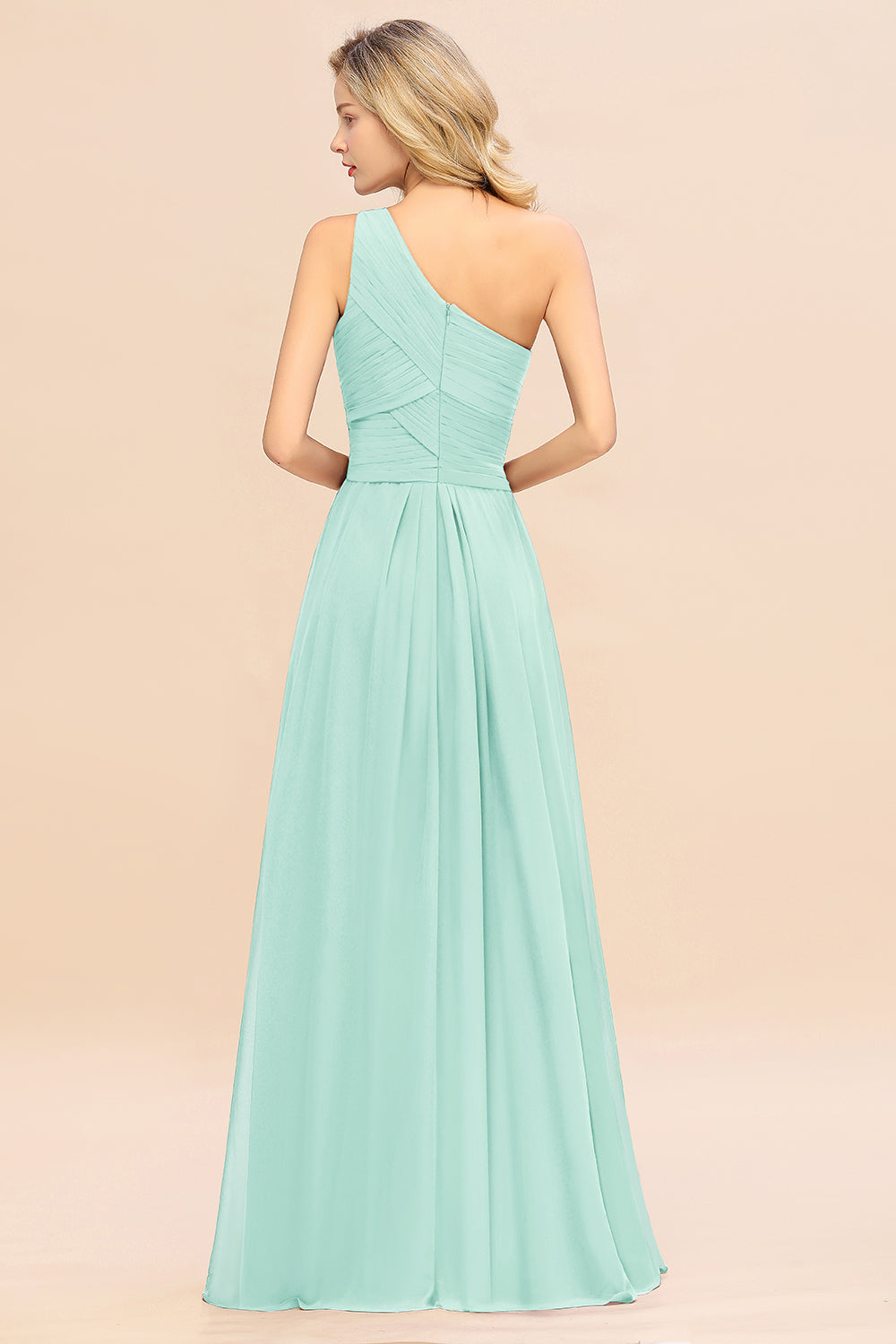 Elegant Mint Green A-line Chiffon Ruffles One Shoulder Long Bridesmaid Dress