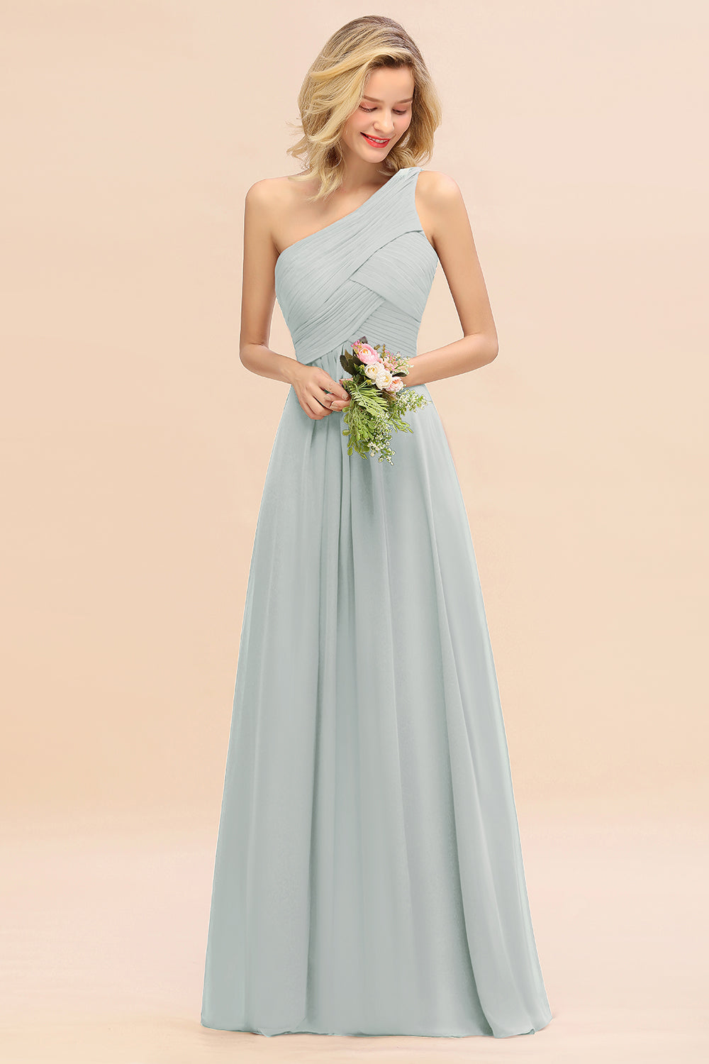 Elegant Mist A-line Chiffon Ruffles One Shoulder Long Bridesmaid Dress