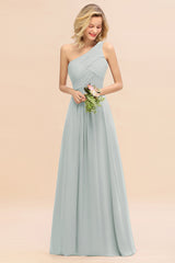 Elegant Mist A-line Chiffon Ruffles One Shoulder Long Bridesmaid Dress