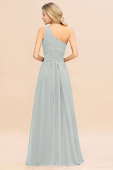 Elegant Mist A-line Chiffon Ruffles One Shoulder Long Bridesmaid Dress