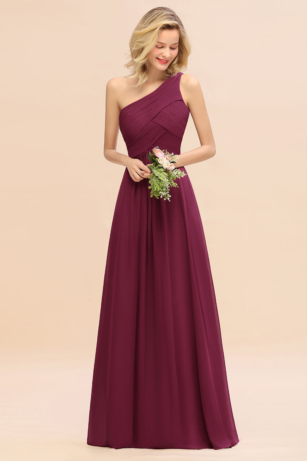 Elegant Mulberry A-line Chiffon Ruffles One Shoulder Long Bridesmaid Dress