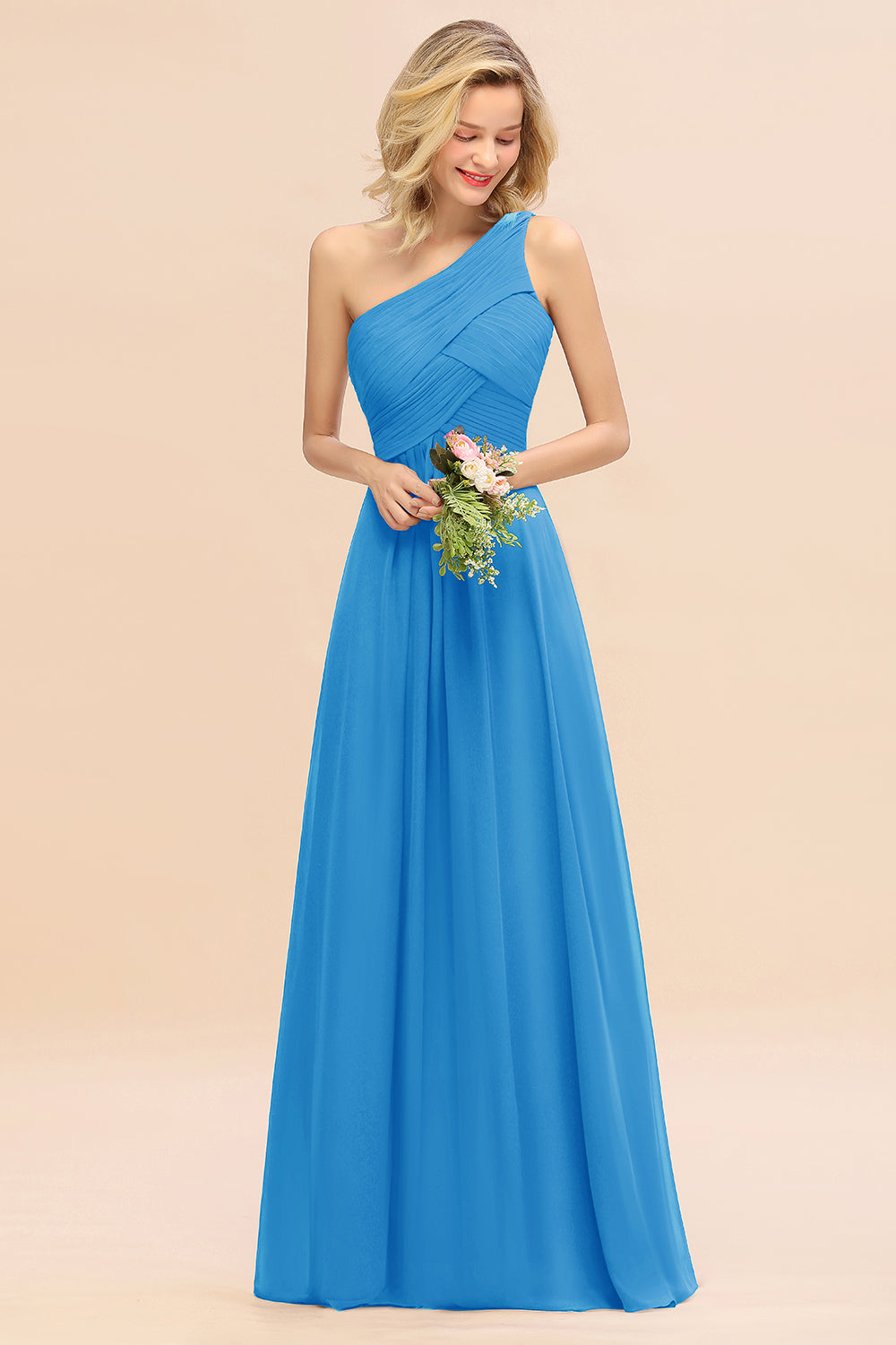 Elegant Ocean Blue A-line Chiffon Ruffles One Shoulder Long Bridesmaid Dress