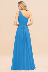 Elegant Ocean Blue A-line Chiffon Ruffles One Shoulder Long Bridesmaid Dress