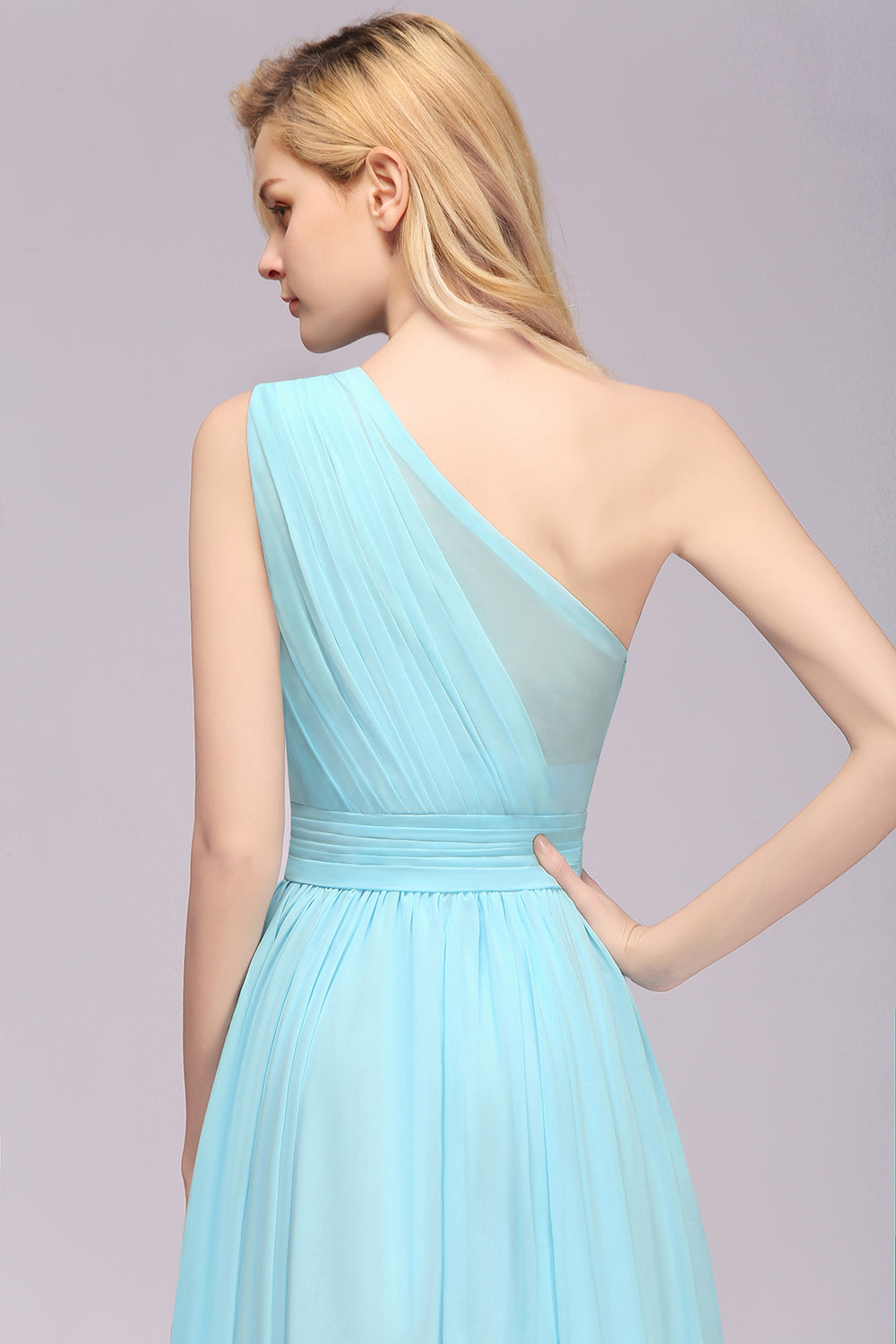 Elegant One Shoulder A-line Chiffon Ruched High Low Garden Bridesmaid Dresses