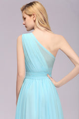 Elegant One Shoulder A-line Chiffon Ruched High Low Garden Bridesmaid Dresses