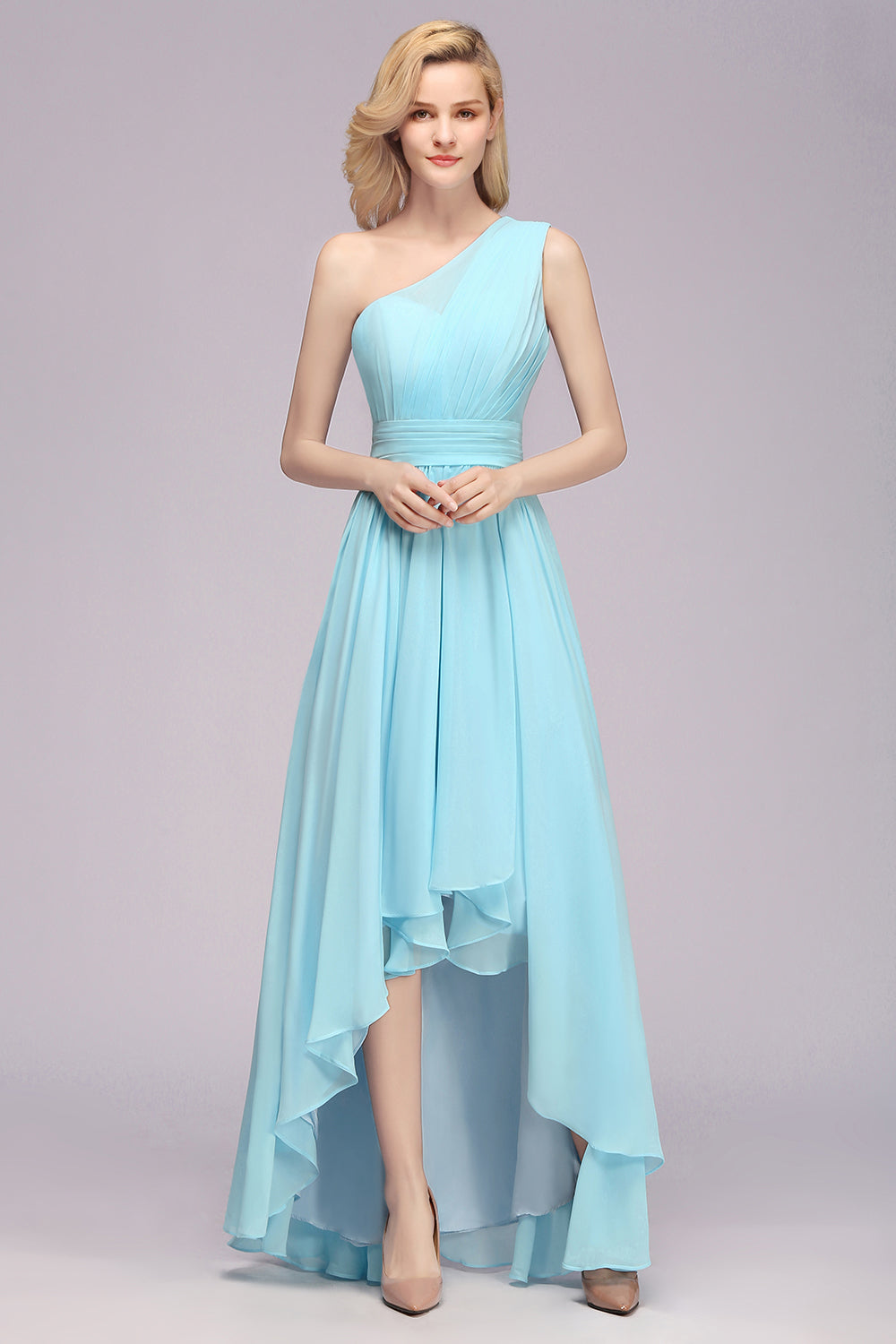Elegant One Shoulder A-line Chiffon Ruched High Low Garden Bridesmaid Dresses