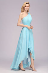 Elegant One Shoulder A-line Chiffon Ruched High Low Garden Bridesmaid Dresses