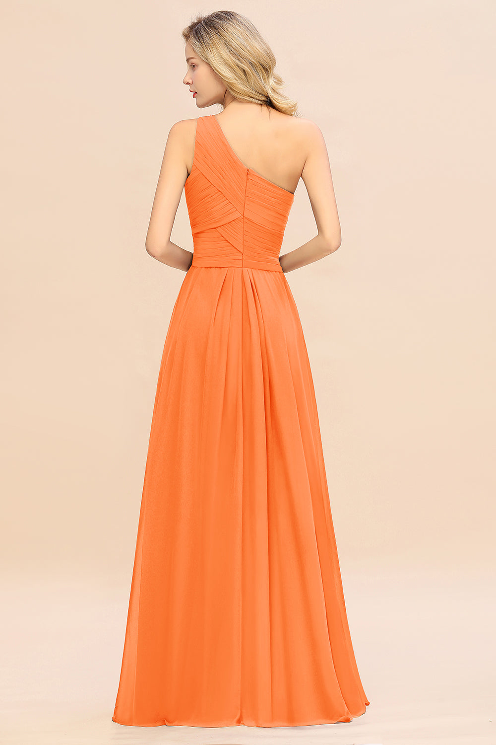 Elegant Orange A-line Chiffon Ruffles One Shoulder Long Bridesmaid Dress