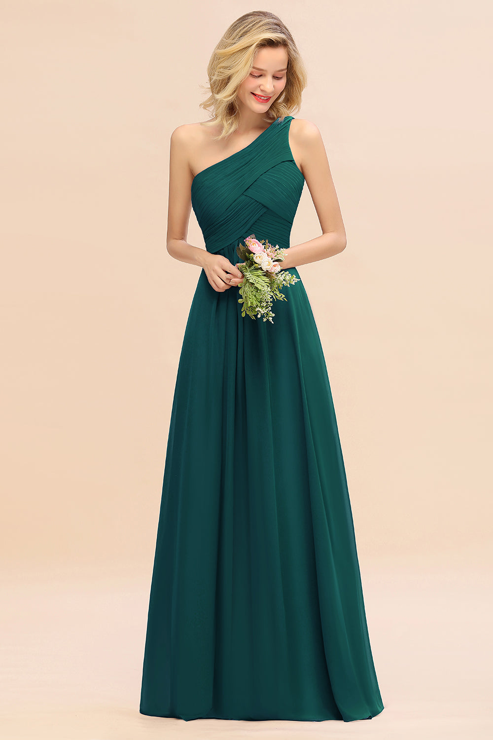 Elegant Peacock A-line Chiffon Ruffles One Shoulder Long Bridesmaid Dress